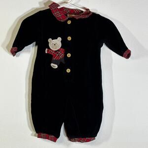 Bright Future Baby Sz 0-3M Black Velvet One Piece Romper Red Black Plaid Collar